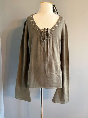 Joe Boxer Olive Lace-Up V-Neck Knit Top